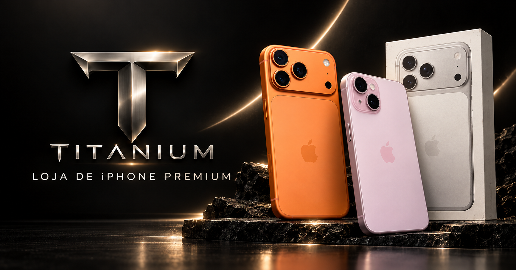 Titanium, loja de iPhone premium, com iPhones laranja, rosa e lacrado